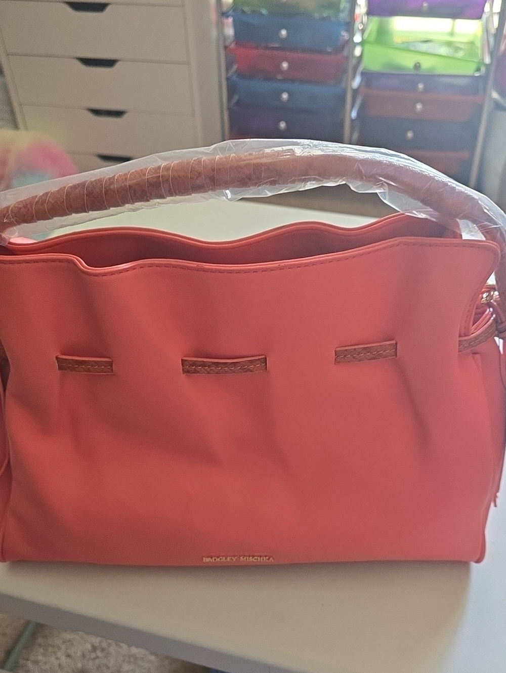 Badgley Mischka Coral Pink Shoulder Bag with Braided Handle